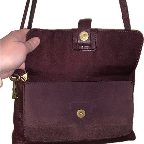 Fossil Kinley Leather Crossbody Pebbled Suede Flap Messenger Bag w Key Burgundy - Picture 12 of 14